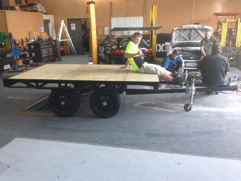 A flat-deck trailer being built in the Autotech workshop